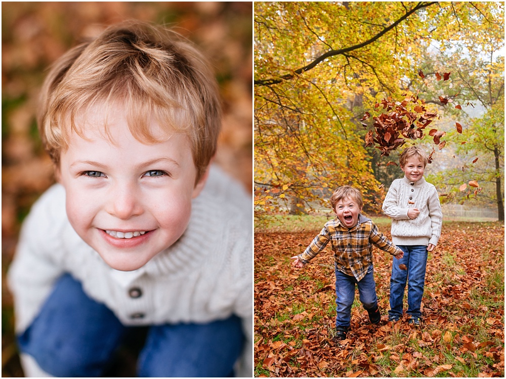 Photoshoot of small children playing with leaves in autumn