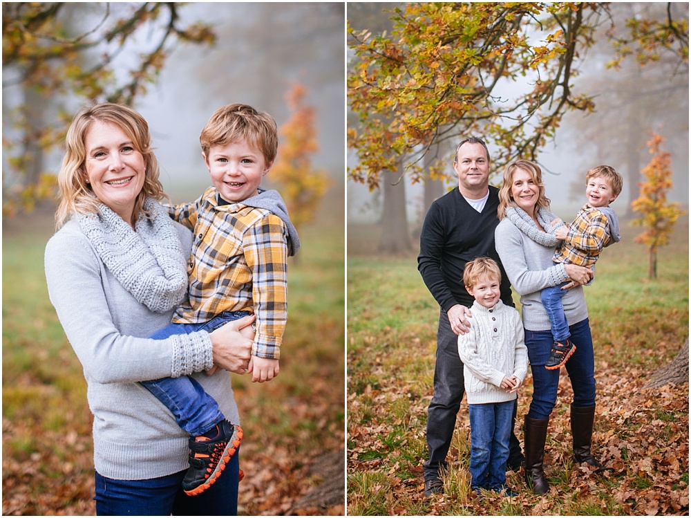 Family portraits in foggy autumn path