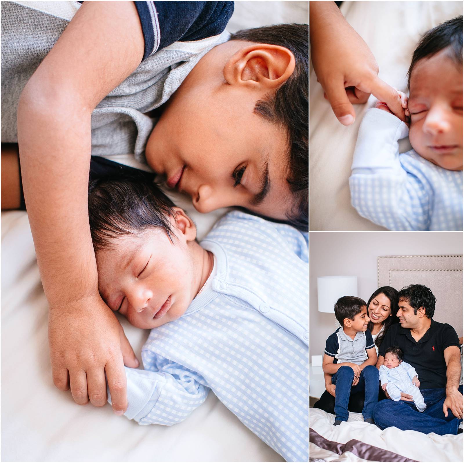 Brother holds hand of teeny newborn baby