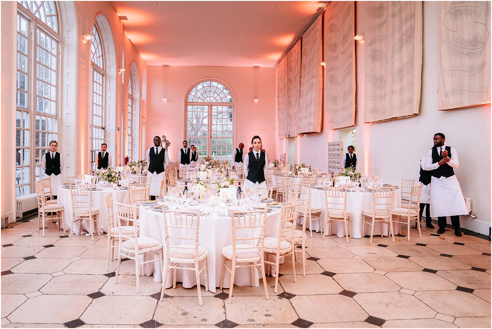 The orangery set up for a wedding reception